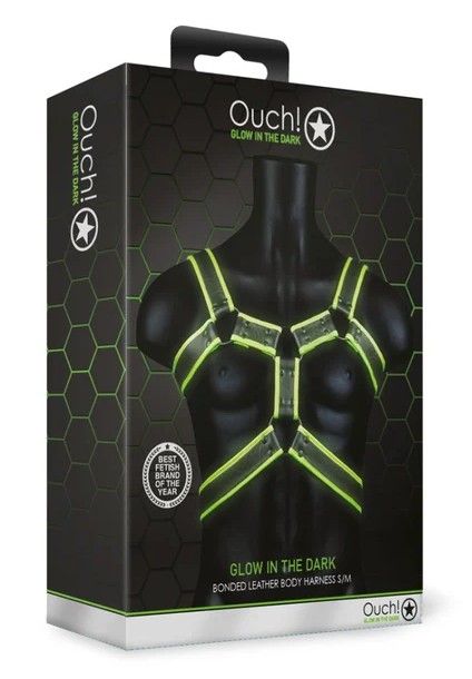 Ouch! Glow in the Dark Black Men's PU Leather BDSM Body Harness S/XL
