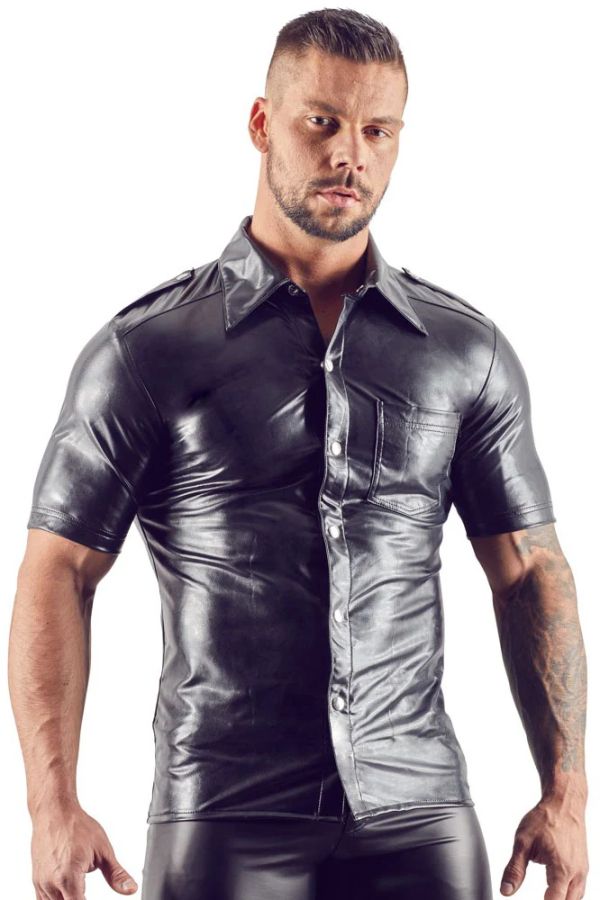 Svenjoyment Black Men's Faux Leather Shirt with Epaulettes and Press Studs S/XL
