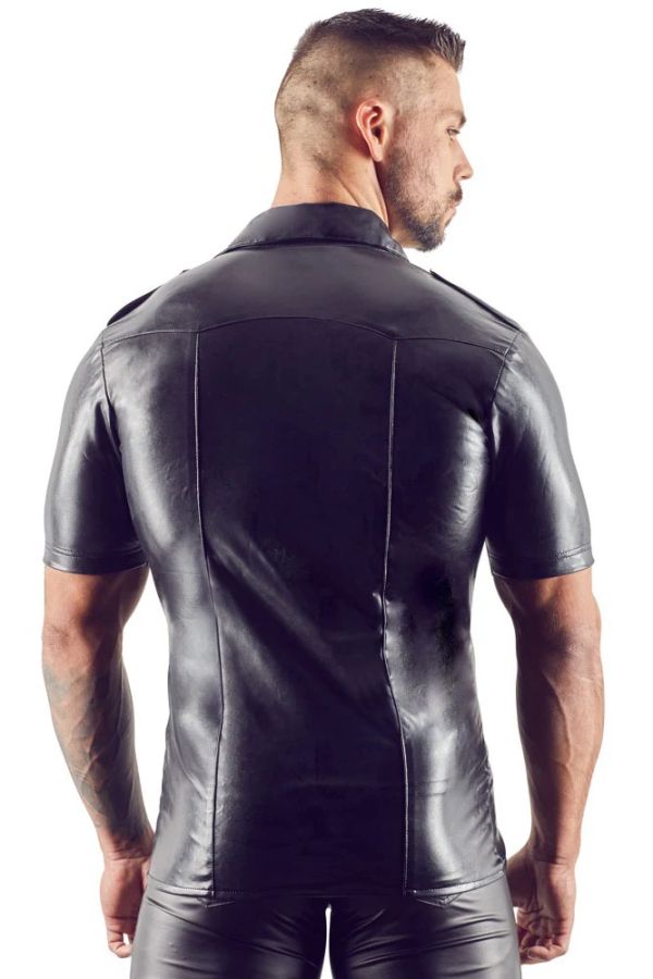 Svenjoyment Black Men's Faux Leather Shirt with Epaulettes and Press Studs S/XL