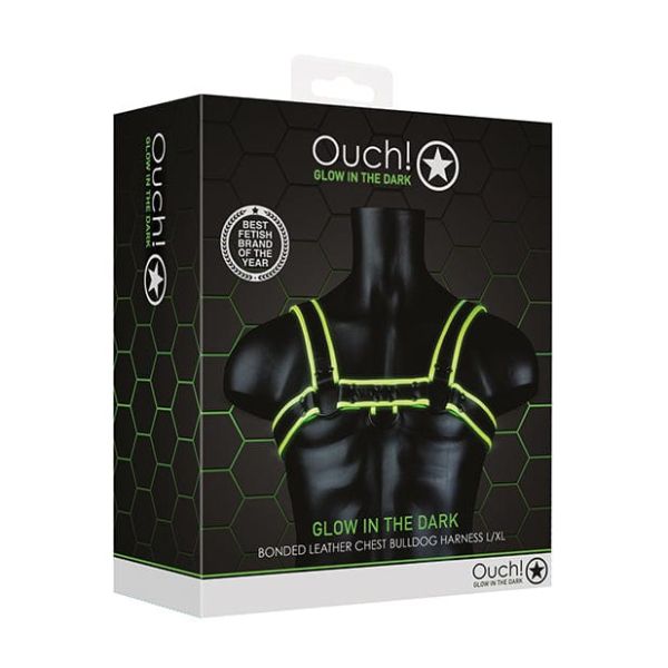 Ouch! Chest Bulldog Glow in the Dark черен мъжки BDSM харнес със светещи зелени детайли S/XL