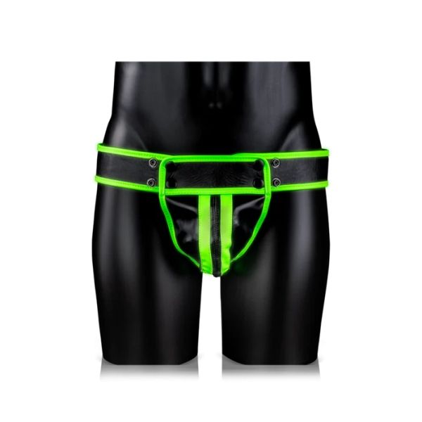 Ouch! Striped Jock Strap Glow in the Dark черен мъжки джокстрап със светещи зелени ленти S/XL