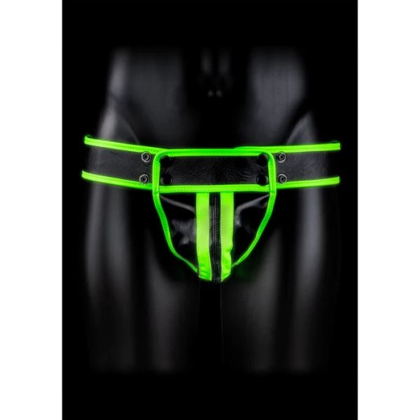 Ouch! Striped Jock Strap Glow in the Dark черен мъжки джокстрап със светещи зелени ленти S/XL