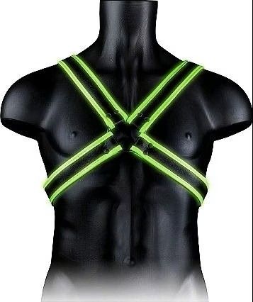 Ouch! Cross Harness Glow in the Dark черен мъжки BDSM харнес с кръстосани светещи зелени ленти S/XL