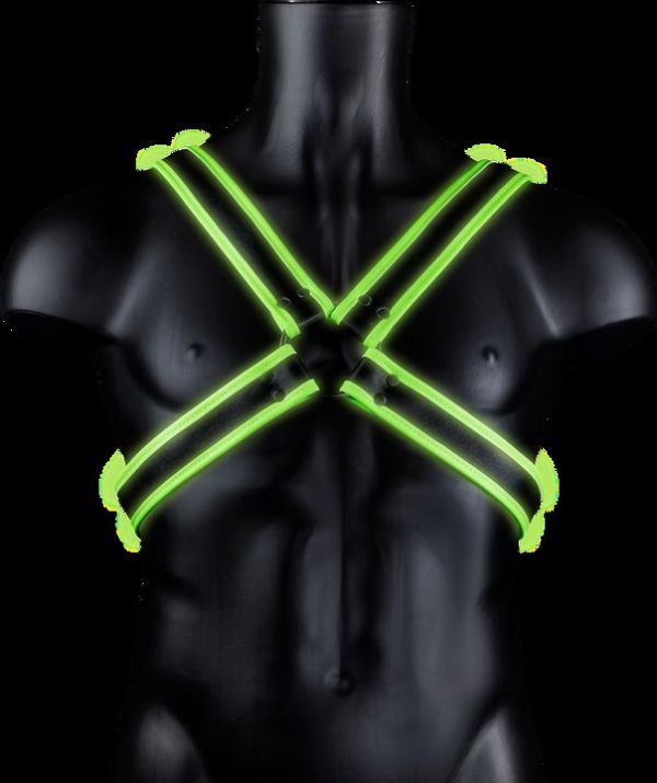 Ouch! Cross Harness Glow in the Dark черен мъжки BDSM харнес с кръстосани светещи зелени ленти S/XL