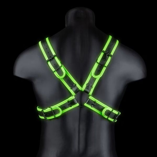Ouch! Cross Harness Glow in the Dark черен мъжки BDSM харнес с кръстосани светещи зелени ленти S/XL