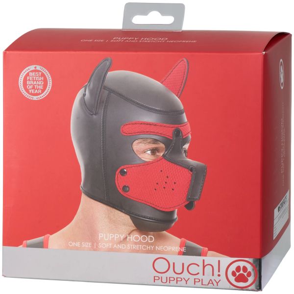 Ouch! Puppy Play черно-червена неопренова puppy hood маска със сваляем намордник