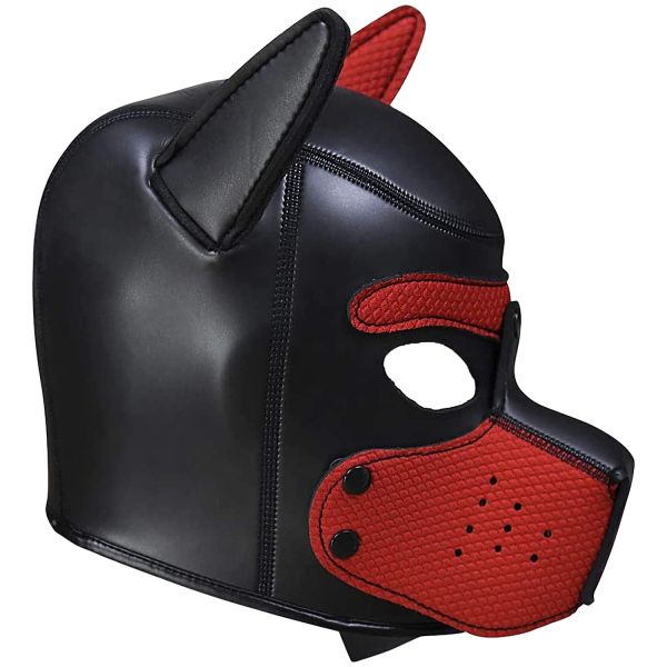 Ouch! Puppy Play черно-червена неопренова puppy hood маска със сваляем намордник