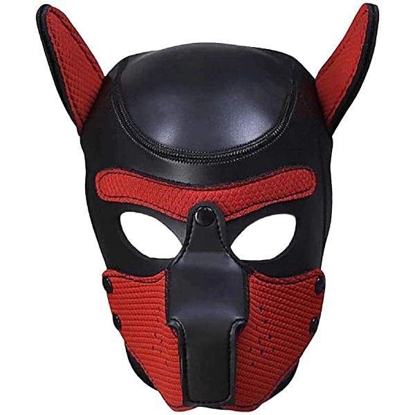 Ouch! Puppy Play черно-червена неопренова puppy hood маска със сваляем намордник