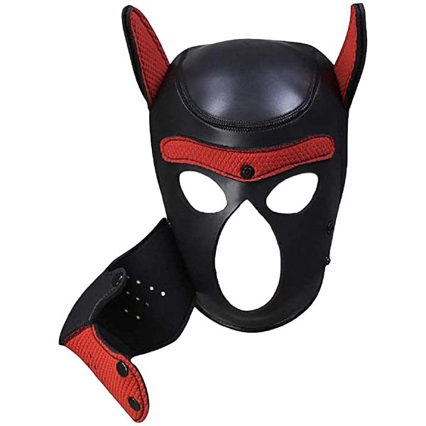 Ouch! Puppy Play черно-червена неопренова puppy hood маска със сваляем намордник