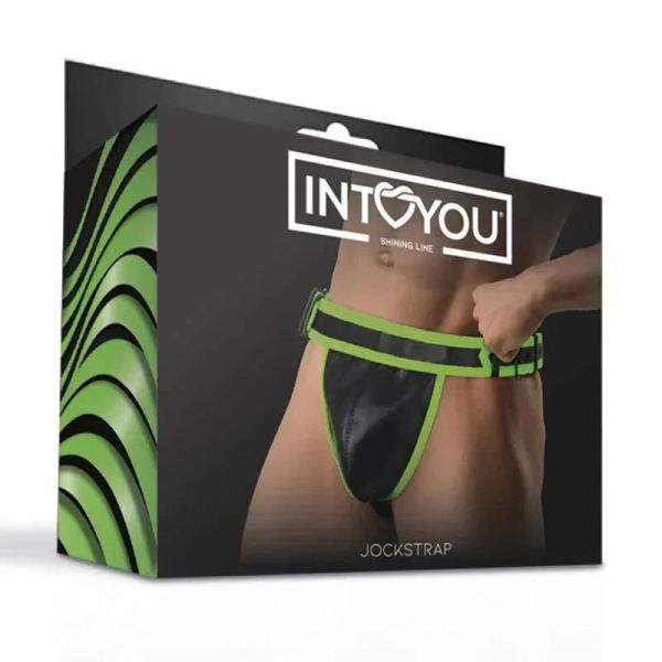 IntoYou Shining Line Glow in the Dark черно-зелен мъжки джокстрап от веган кожа