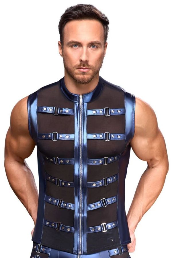 NEK Metallic Blue Men's Sleeveless Shirt with Powernet Inserts, Studded Straps and Zip S/XL