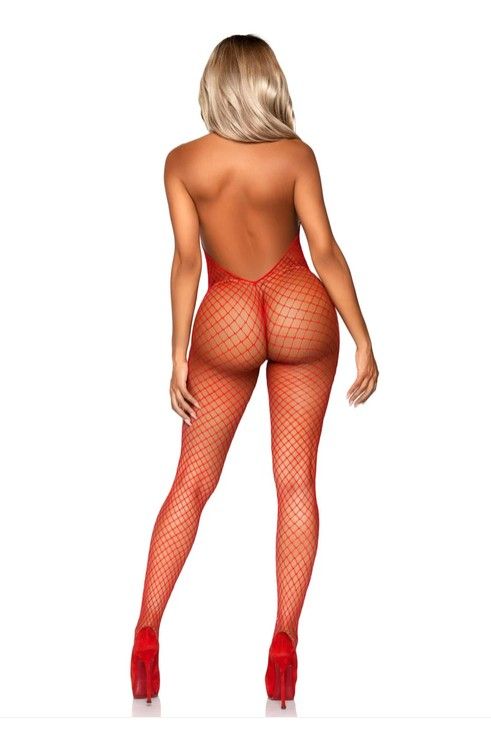 Leg Avenue червено мрежесто боди-чорапогащник с отворен гръб