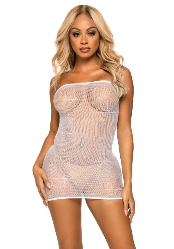 Leg Avenue Rhinestone Fishnet White Convertible Mini Dress
