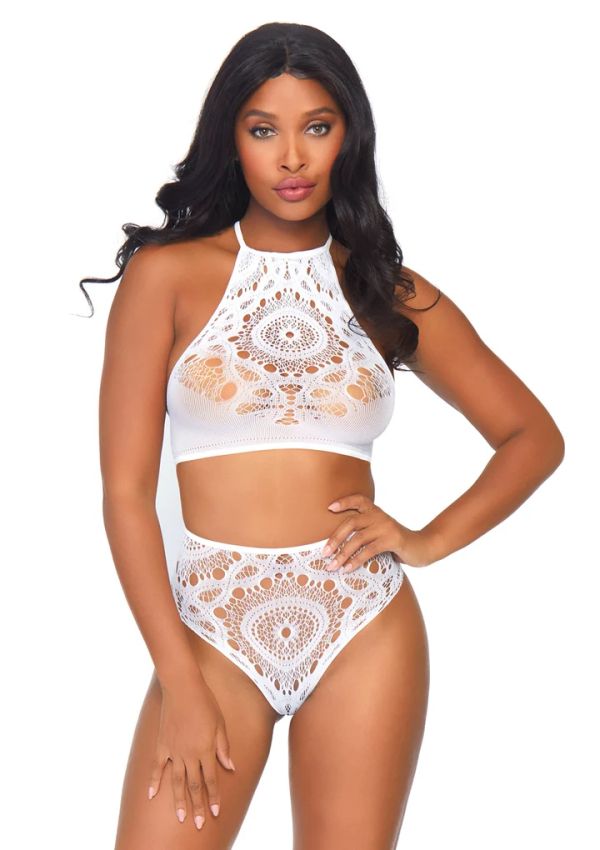 Leg Avenue White Lace Halter Crop Top and High Waist Thong Set S/M