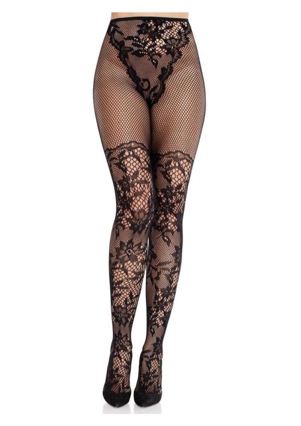Leg Avenue Dahlia Black Lace Tights with Net Thigh Detail