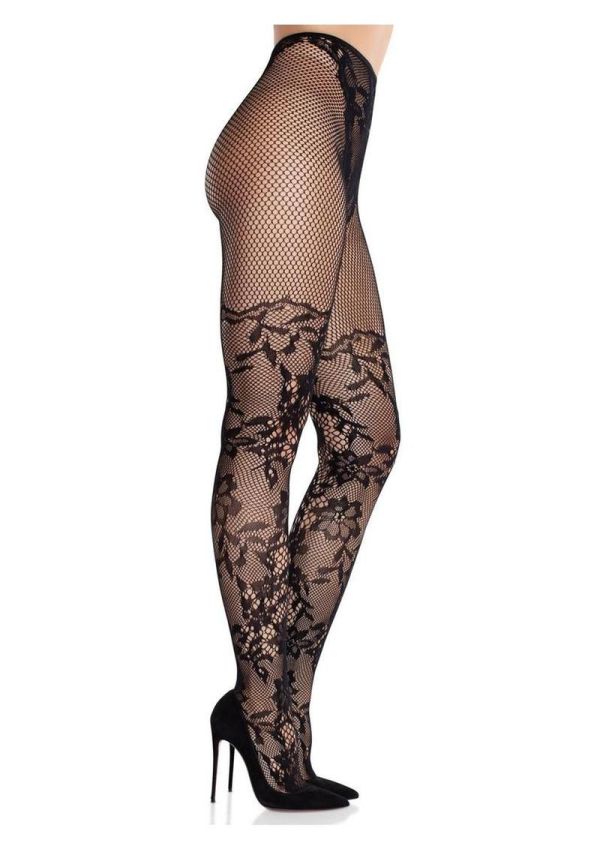 Leg Avenue Dahlia Black Lace Tights with Net Thigh Detail