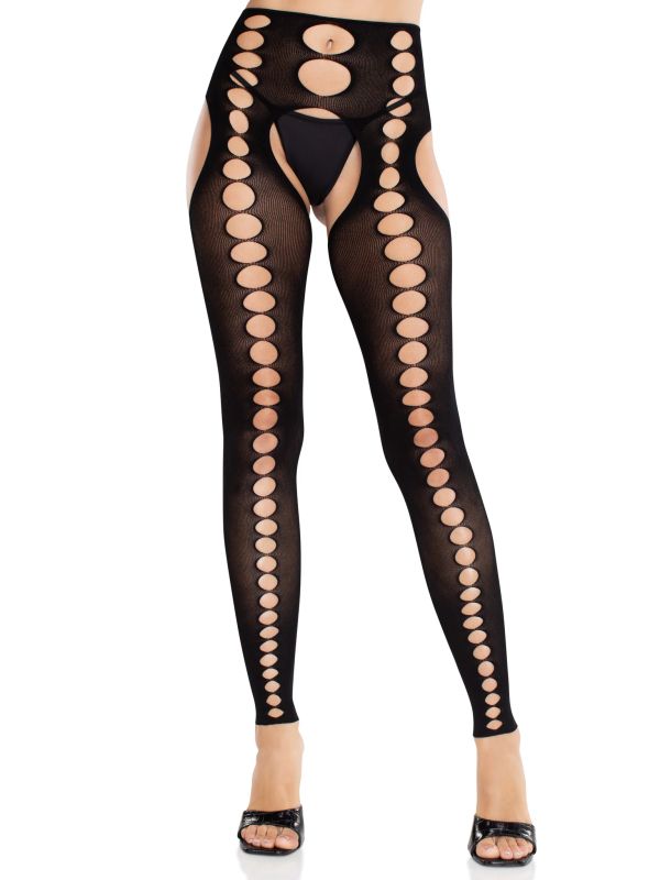 Leg Avenue Bex Black Cut-Out Suspender Tights with Open Crotch