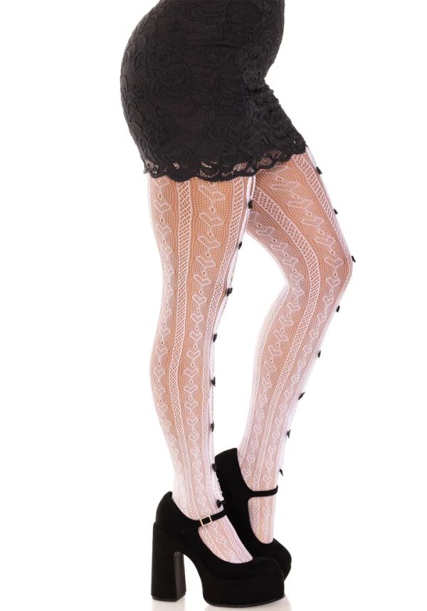Leg Avenue Sweetheart бял мрежест чорапогащник с черни панделки
