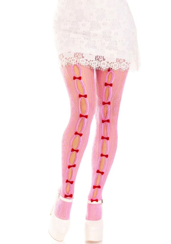 Leg Avenue Sweetheart Pink Net Tights with Red Bows