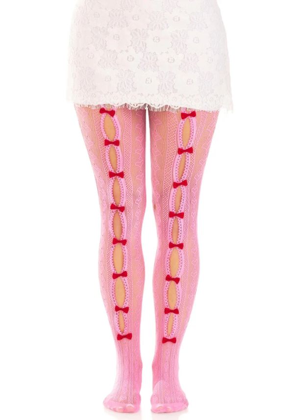 Leg Avenue Sweetheart Pink Net Tights with Red Bows