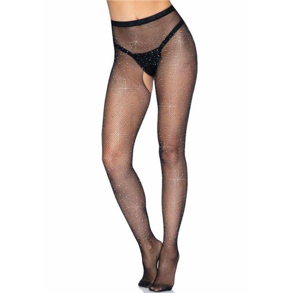 Leg Avenue Lark Black Rhinestone Crotchless Fishnet Tights