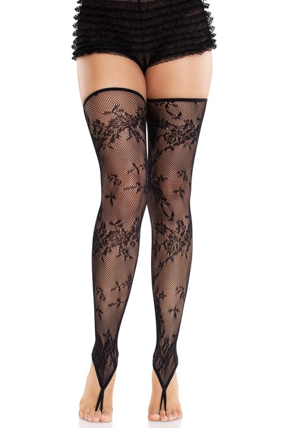 Leg Avenue Zenya Black Floral Net Thigh Highs with Toe Loop