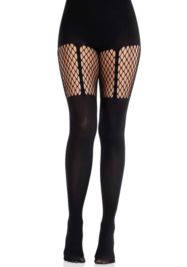 Leg Avenue Jett черен чорапогащник с ефект на жартиери и мрежести детайли