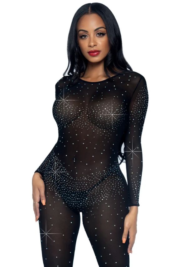 Leg Avenue Black Sheer Rhinestone Catsuit S/M
