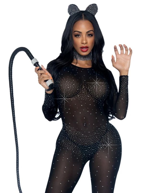 Leg Avenue Black Sheer Rhinestone Catsuit S/M