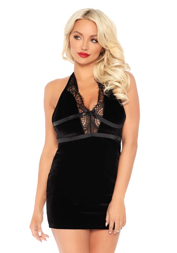 Leg Avenue черна кадифена мини рокля с дантела и отворен гръб S/M