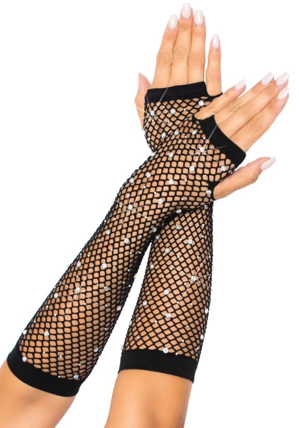 Leg Avenue черни мрежести ръкавици без пръсти с блестящи камъни