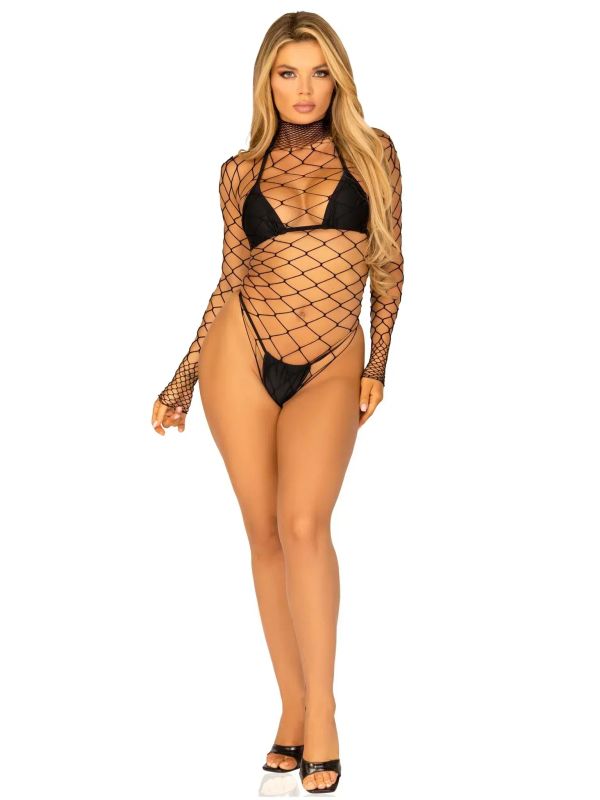 Leg Avenue Pretty Please черно мрежесто боди с дълги ръкави