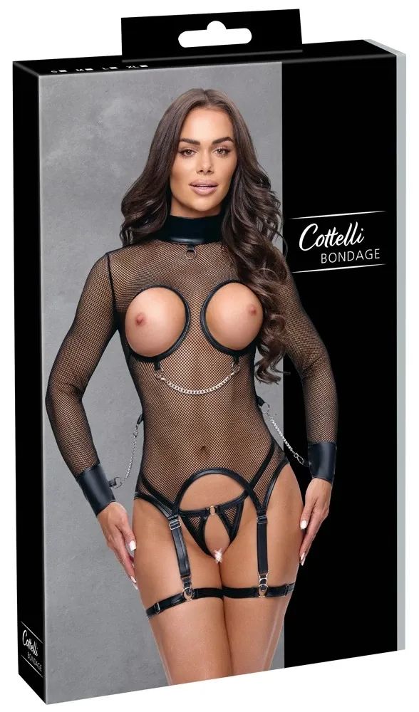 Cottelli BONDAGE Fishnet Ouvert Set with Garters, Thong & Chains – Black
