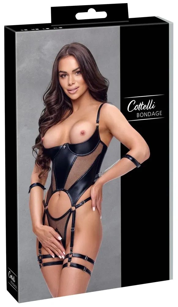 Cottelli BONDAGE Open Cup Ouvert Bodysuit with Garters & Soft Restraints – Black S/M