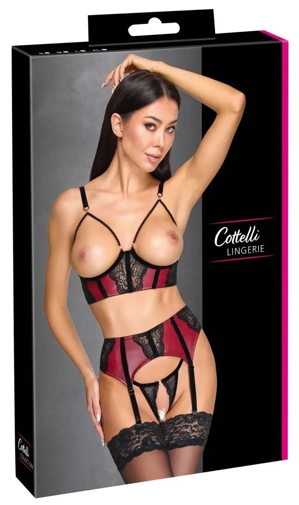 Cottelli LINGERIE 3-Piece Ouvert Set with Lace, Velvet & Pearl Strands – Burgundy/Black S/M