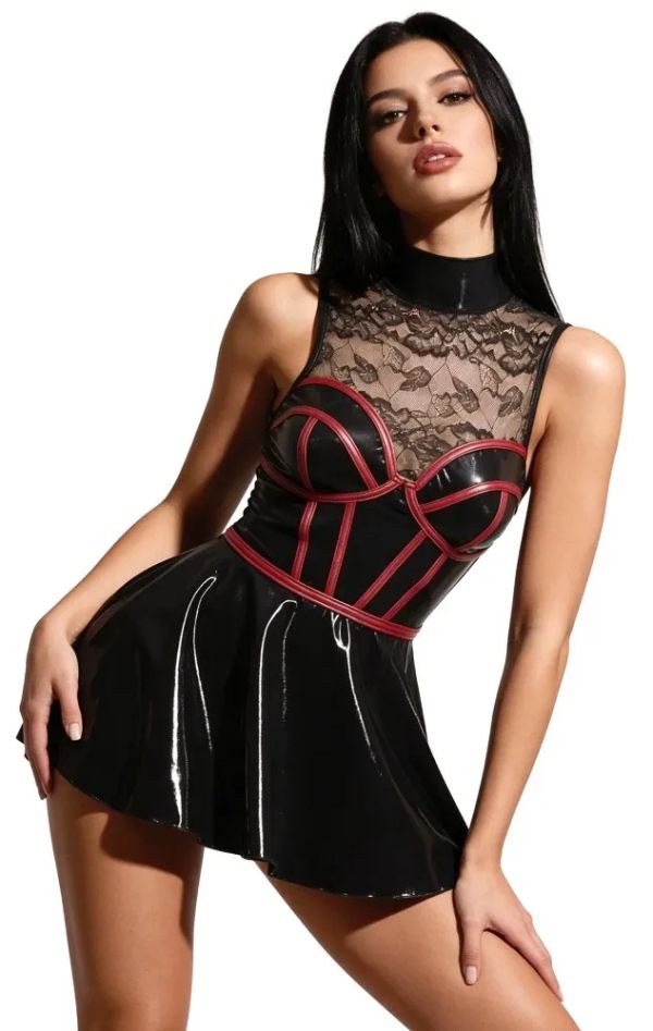 Cottelli PARTY Wetlook мини рокля с дантела и корсетен дизайн – черно/бордо S/M