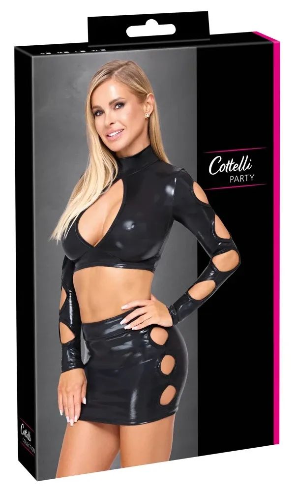 Cottelli PARTY Wetlook Crop Top & Mini Skirt Set with Cut-Outs – Black S/M