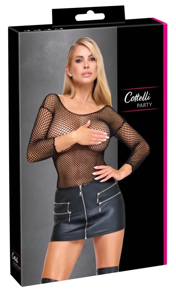 Cottelli PARTY Faux Leather Mini Skirt with Front Zip & Silver Zips – Black S/M