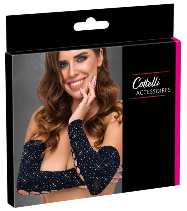 Cottelli ACCESSOIRES Stretch Arm Warmers with Lace-Up Look & Rhinestones – Black