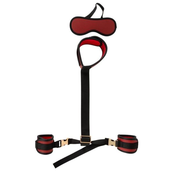 Bad Kitty Neck to Wrist Restraint Set with Wrist Cuffs & Blindfold – Red & Black