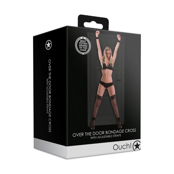 Ouch! Over The Door Bondage Cross BDSM комплект за фиксация на врата с 4 маншета – черен