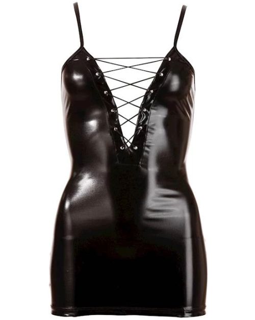 Cottelli Collection Black Wetlook Lace-Up Mini Dress – S/M 