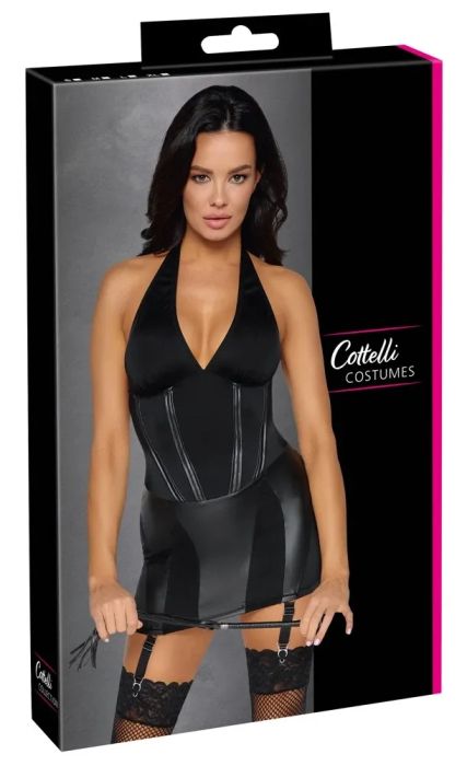 Cottelli COSTUMES Black Mini Dress with Detachable Garters & Mini Whip S/M