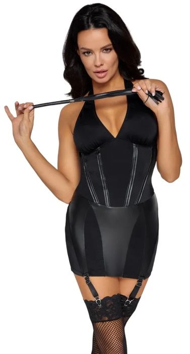 Cottelli COSTUMES Black Mini Dress with Detachable Garters & Mini Whip S/M