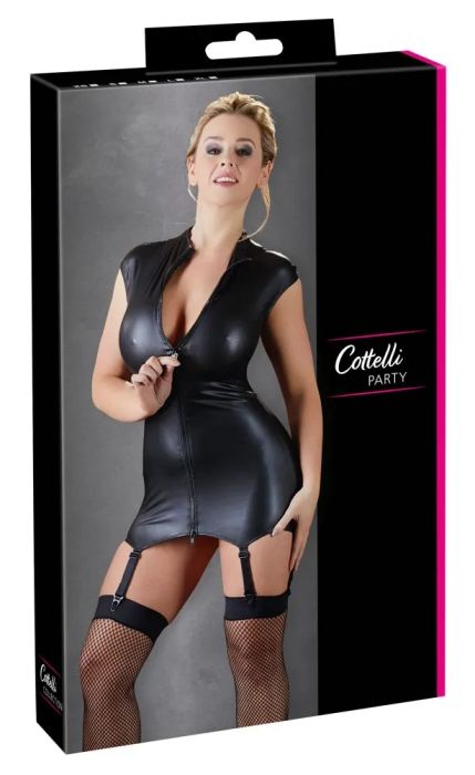 Cottelli PARTY Черна мини рокля с жартиери и двупосочен цип S/M