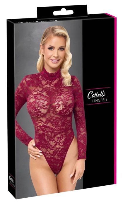 Cottelli LINGERIE Bordeaux Lace String Bodysuit with Long Sleeves & High Neck S/M