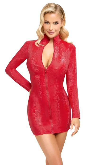 Cottelli PARTY Red Snakeskin Mini Dress with Front Zip S/M