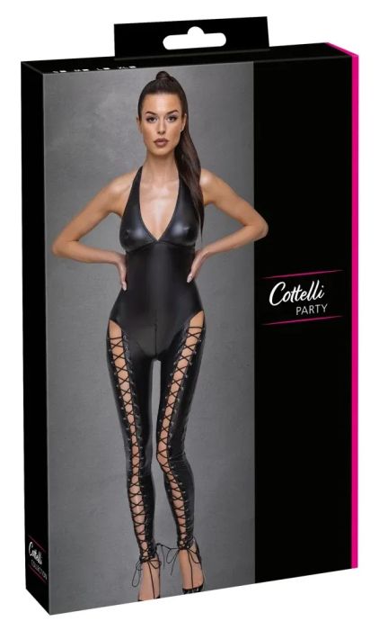 Cottelli PARTY Black Matte Catsuit with Lacing & Two-Way Zip S/M