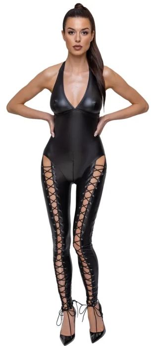 Cottelli PARTY Black Matte Catsuit with Lacing & Two-Way Zip S/M