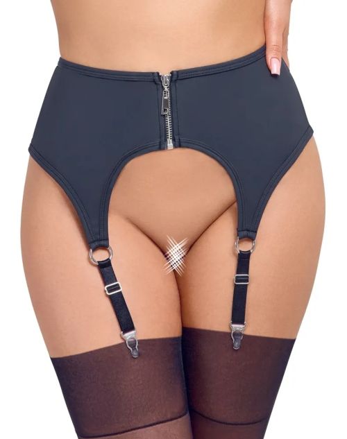 Cottelli LINGERIE Черен колан за жартиери с матов ефект и цип S/M
